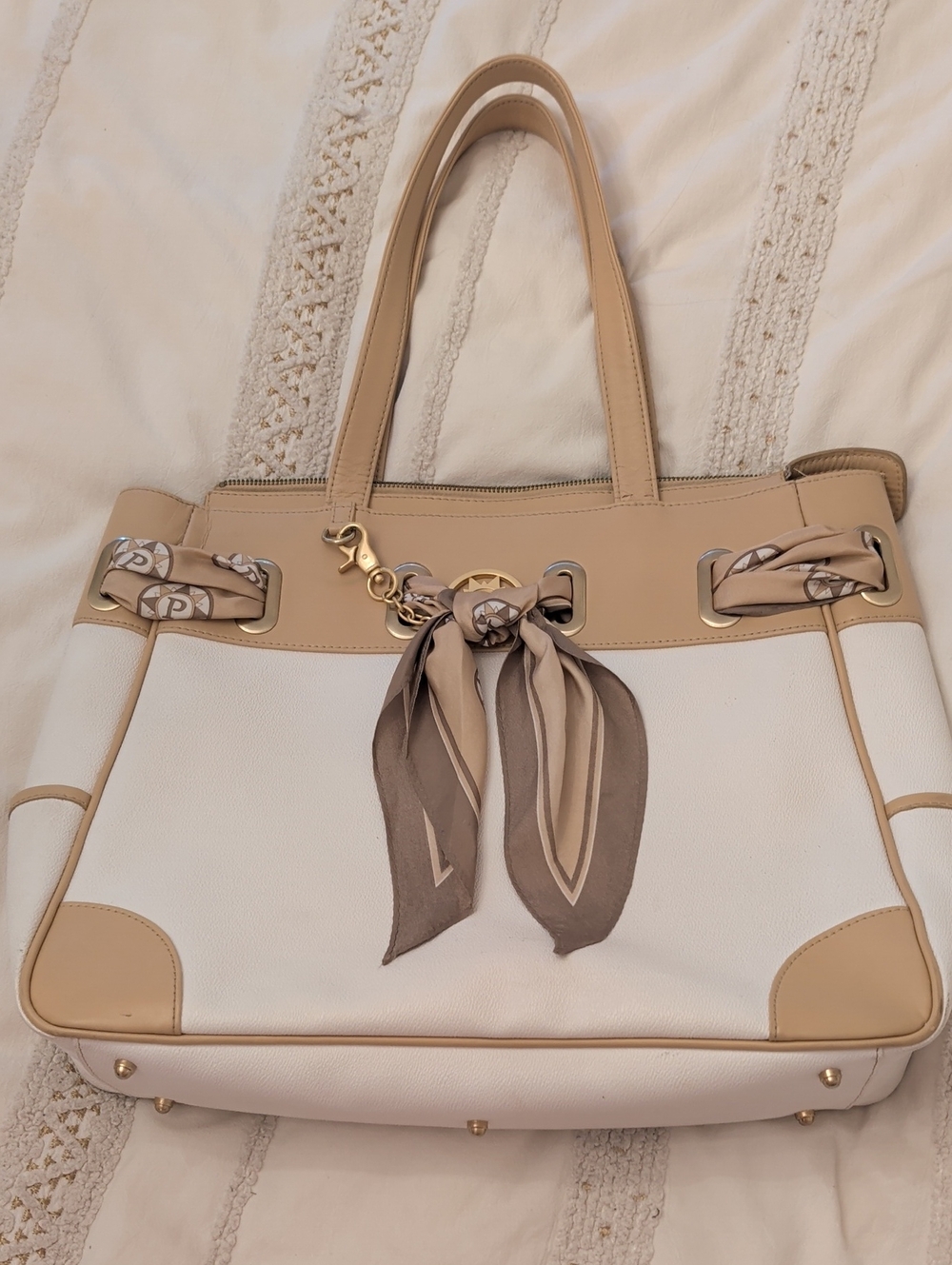 Two-Tone Cream and Tan Shoulder Tote Bag